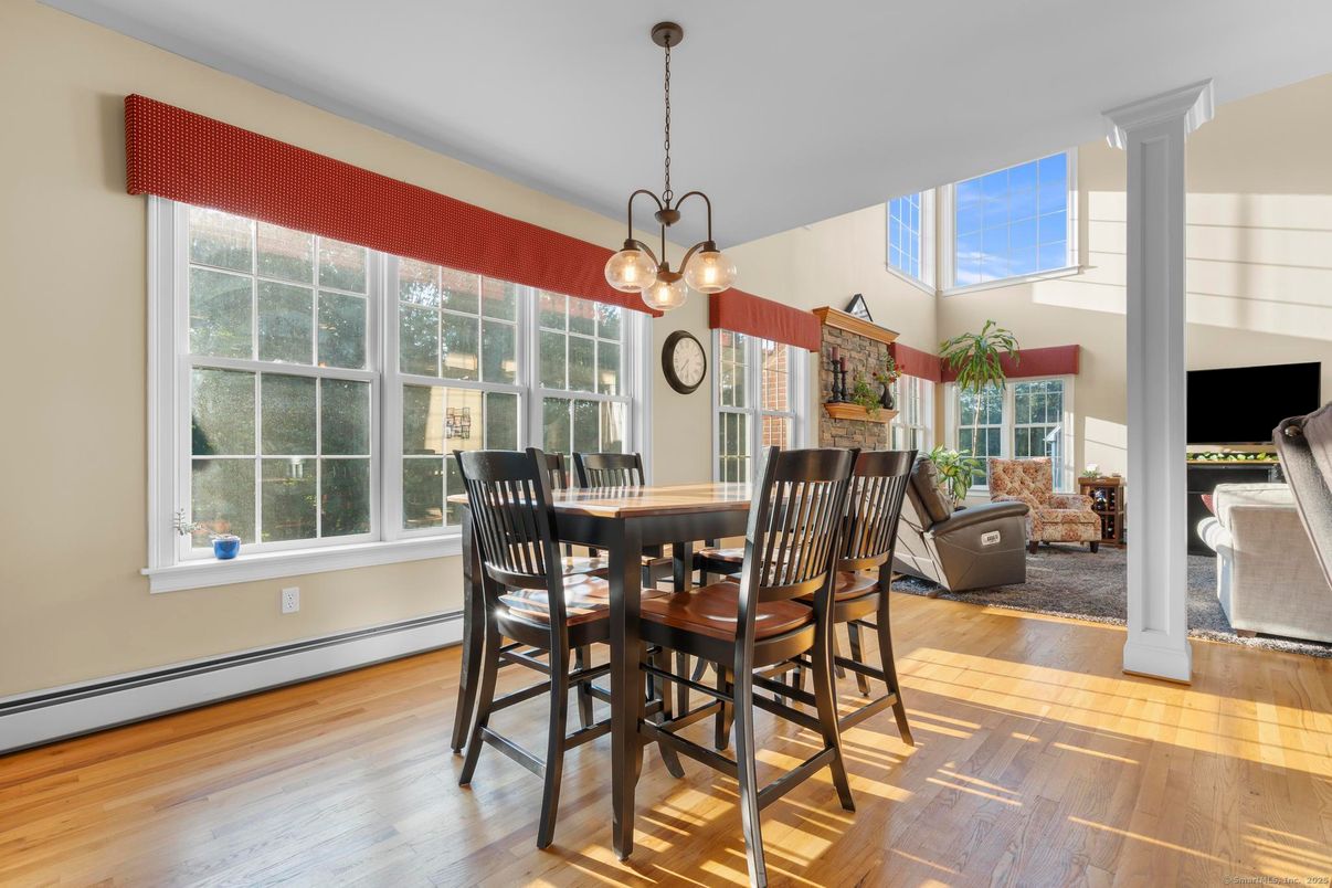 Dining room, Interior, Pendant Lights, Wood Texture Flooring