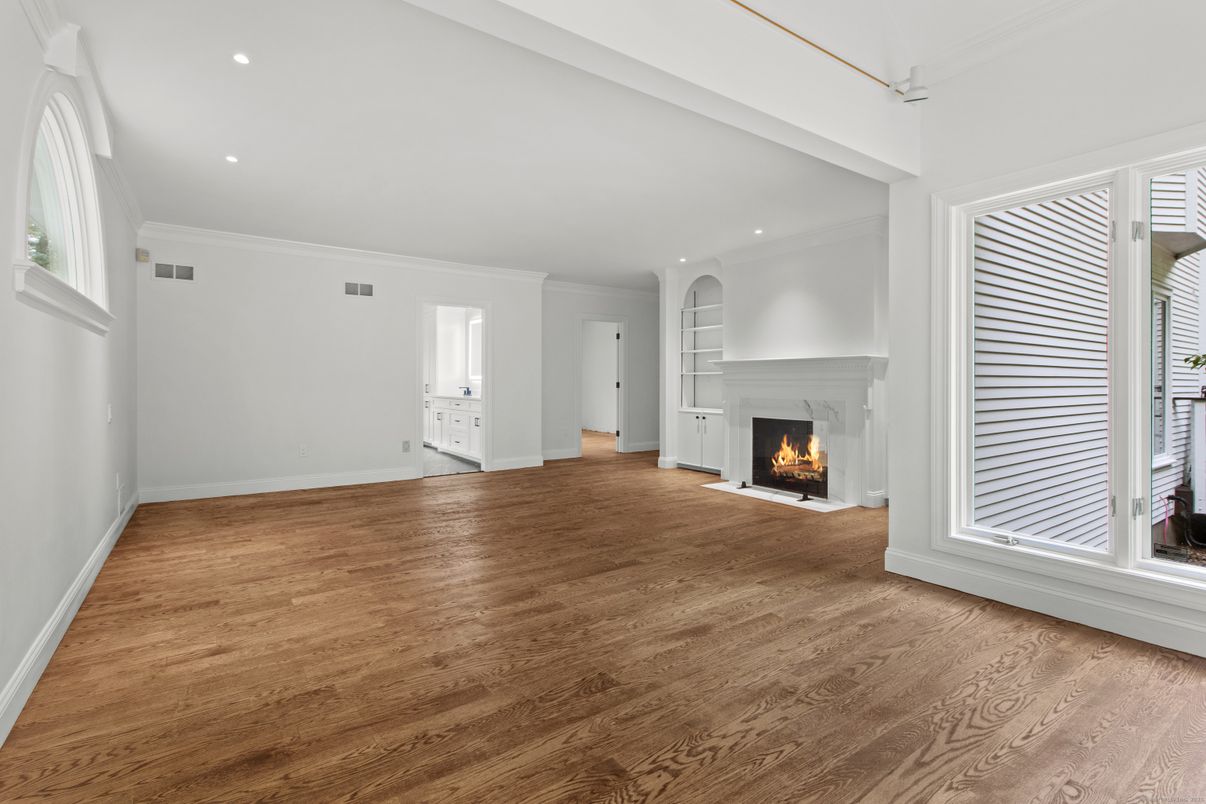 Empty room, Fireplace, Interior, Recessed Lighting, Wood Texture Flooring