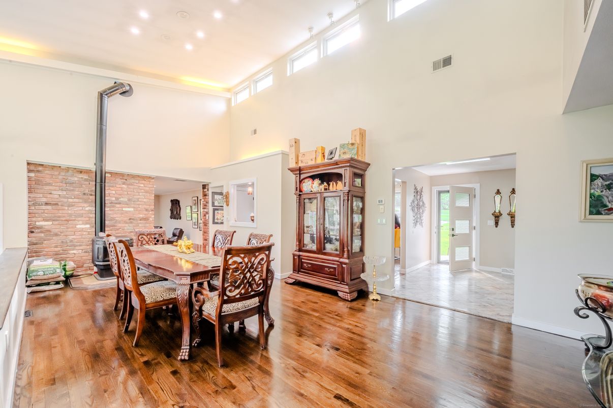 Dining room, Interior, Recessed Lighting, Stone Walls, Wood Texture Flooring