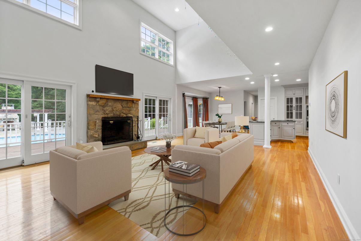 Dining room, Fireplace, Interior, Living room, Pendant Lights, Recessed Lighting, Wood Texture Flooring