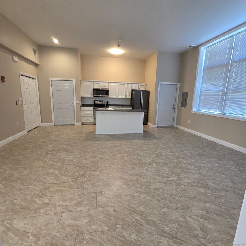 Empty room, Interior, Kitchen, Recessed Lighting, Stainless Steel Appliances