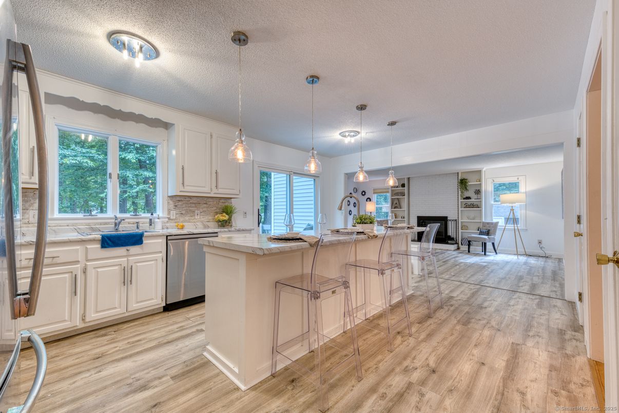 Interior, Kitchen, Pendant Lights, Stainless Steel Appliances, Wood Texture Flooring