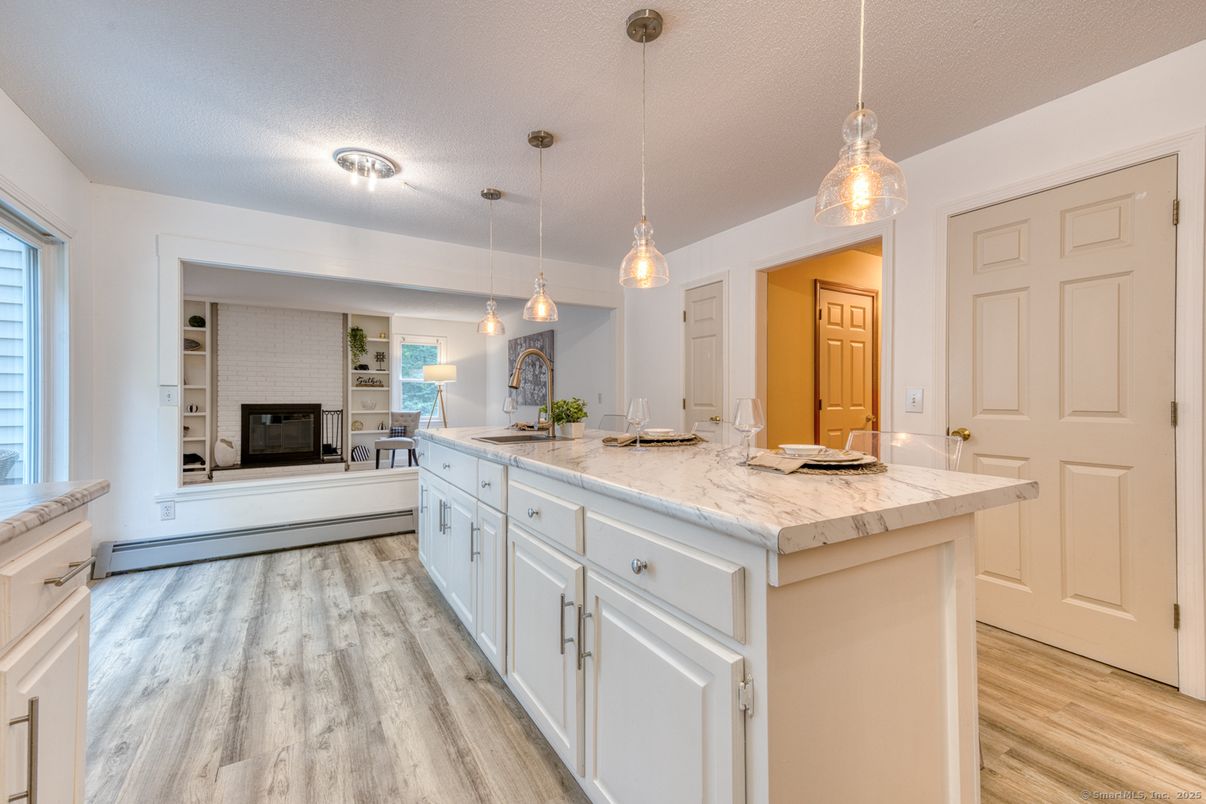 Fireplace, Interior, Kitchen, Pendant Lights, Wood Texture Flooring