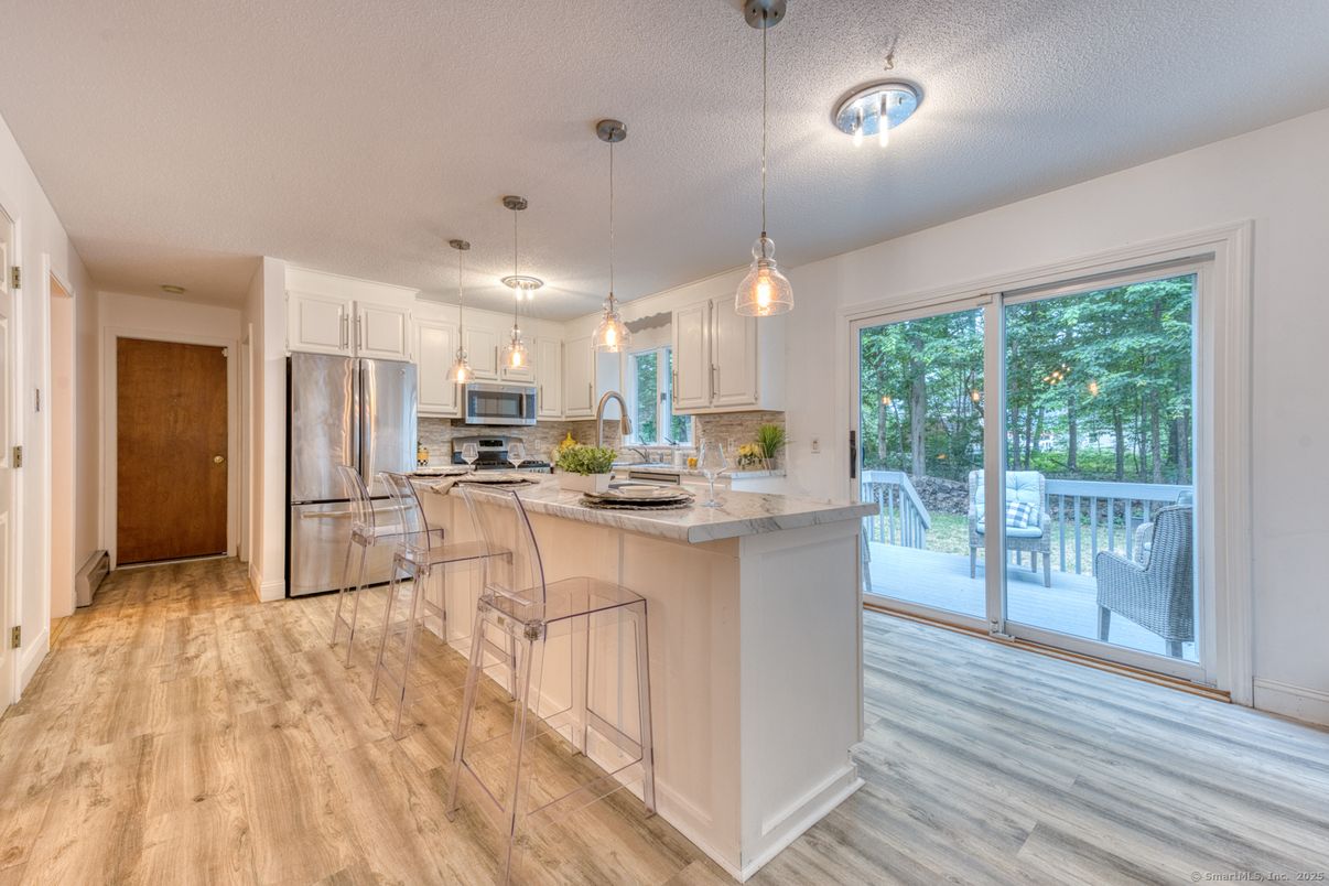 Interior, Kitchen, Pendant Lights, Stainless Steel Appliances, Wood Texture Flooring
