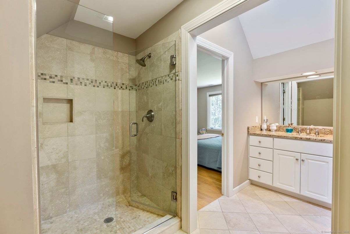 Bathroom, Glass Shower, Interior, Recessed Lighting, Wood Texture Flooring