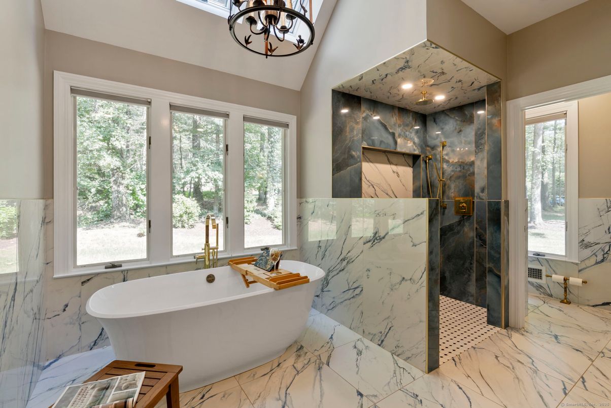 Bathroom, Free Standing Baths, Interior, Marble, Marble Walls, Recessed Lighting