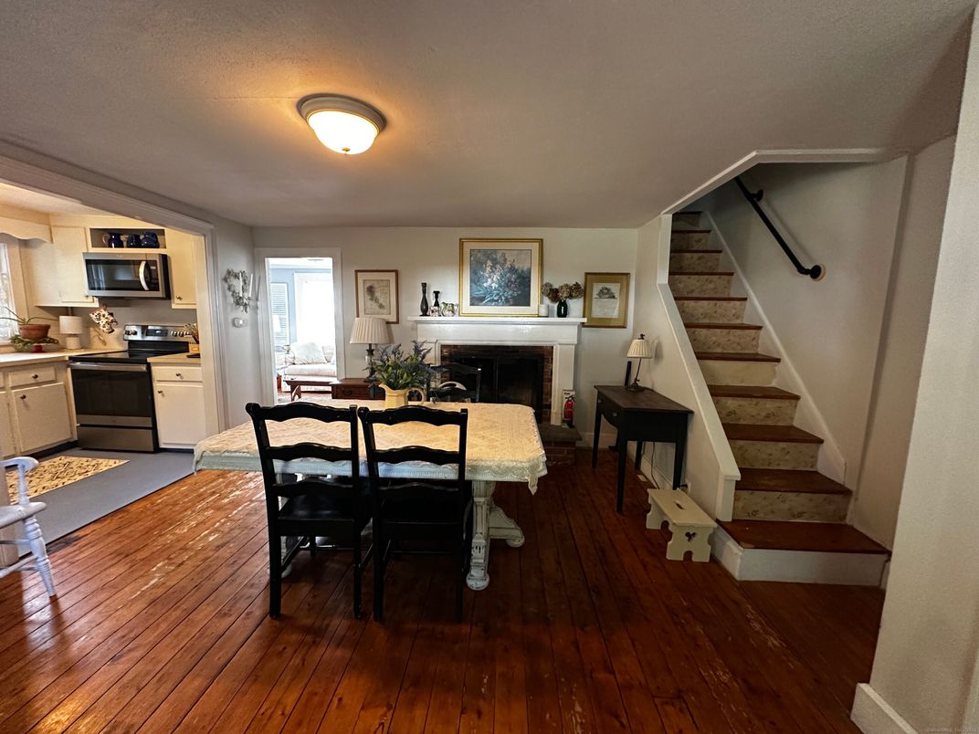 Dining room, Fireplace, Interior, Kitchen, Wood Texture Flooring