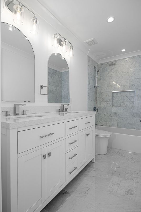 Bathroom, Dual Sink Vanities, Interior, Marble, Marble Walls, Recessed Lighting
