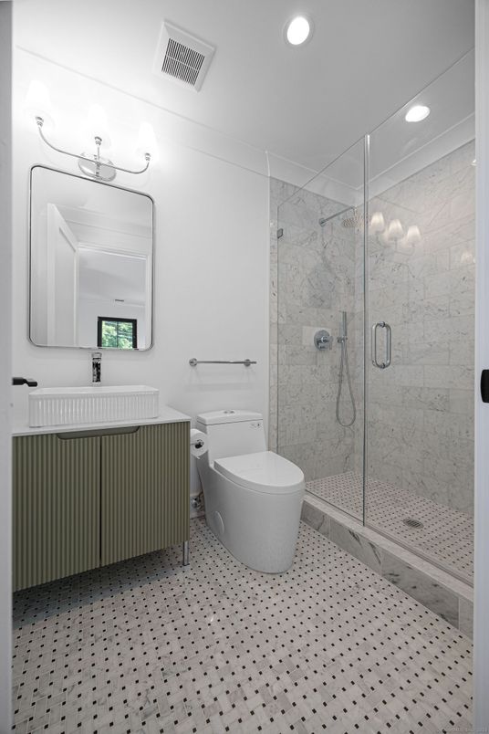 Bathroom, Glass Shower, Interior, Marble Walls, Recessed Lighting