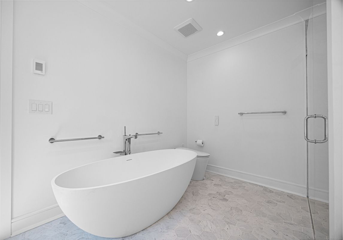 Bathroom, Free Standing Baths, Glass Shower, Interior, Marble, Recessed Lighting