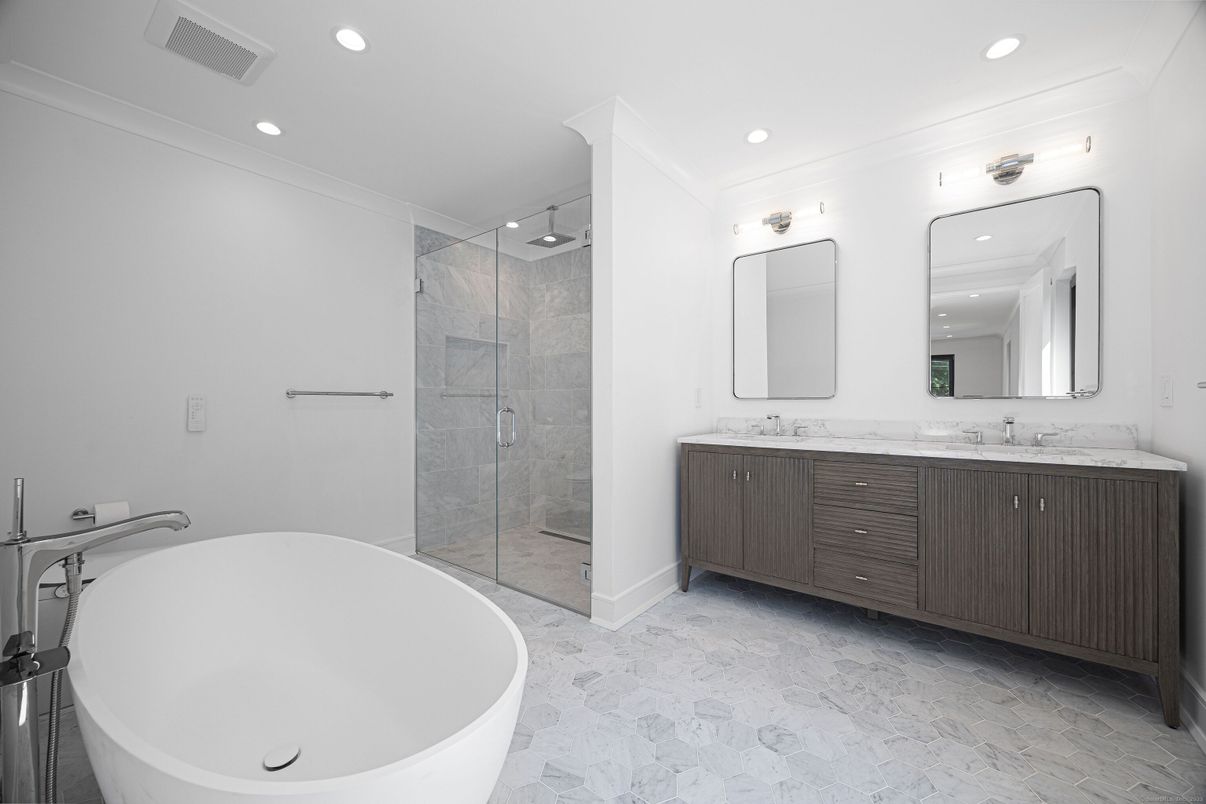 Bathroom, Dual Sink Vanities, Free Standing Baths, Glass Shower, Interior, Marble, Recessed Lighting