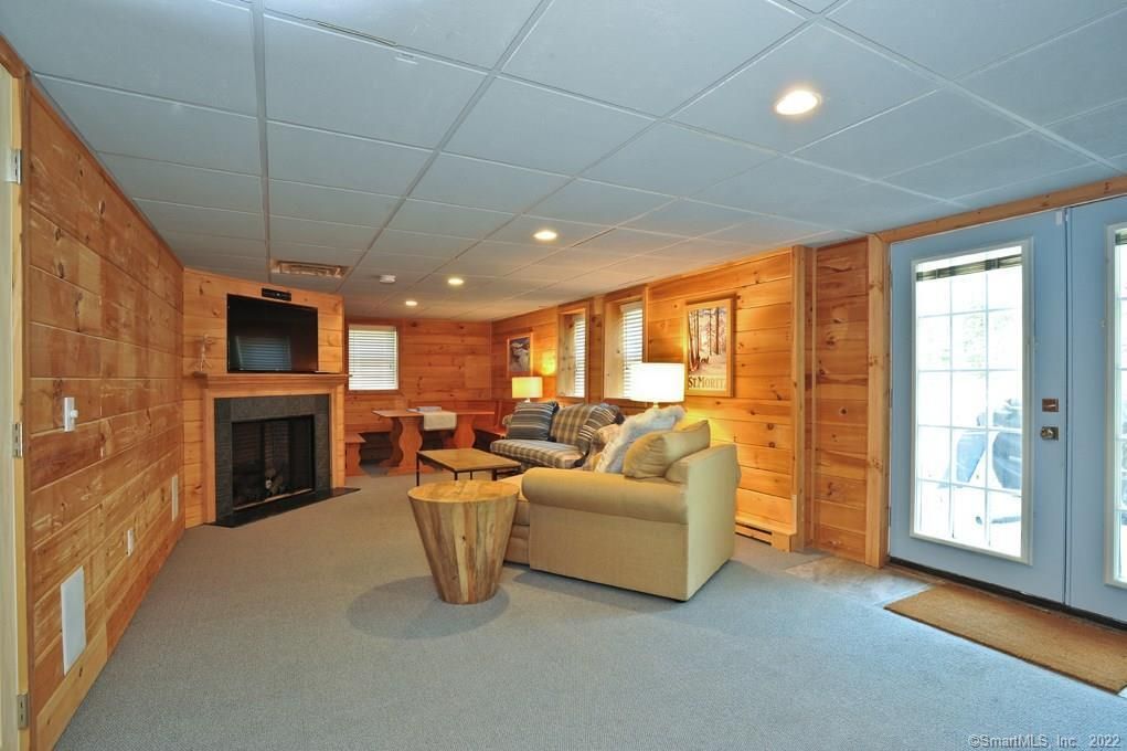 Fireplace, Interior, Living room, Recessed Lighting, Wooden Walls