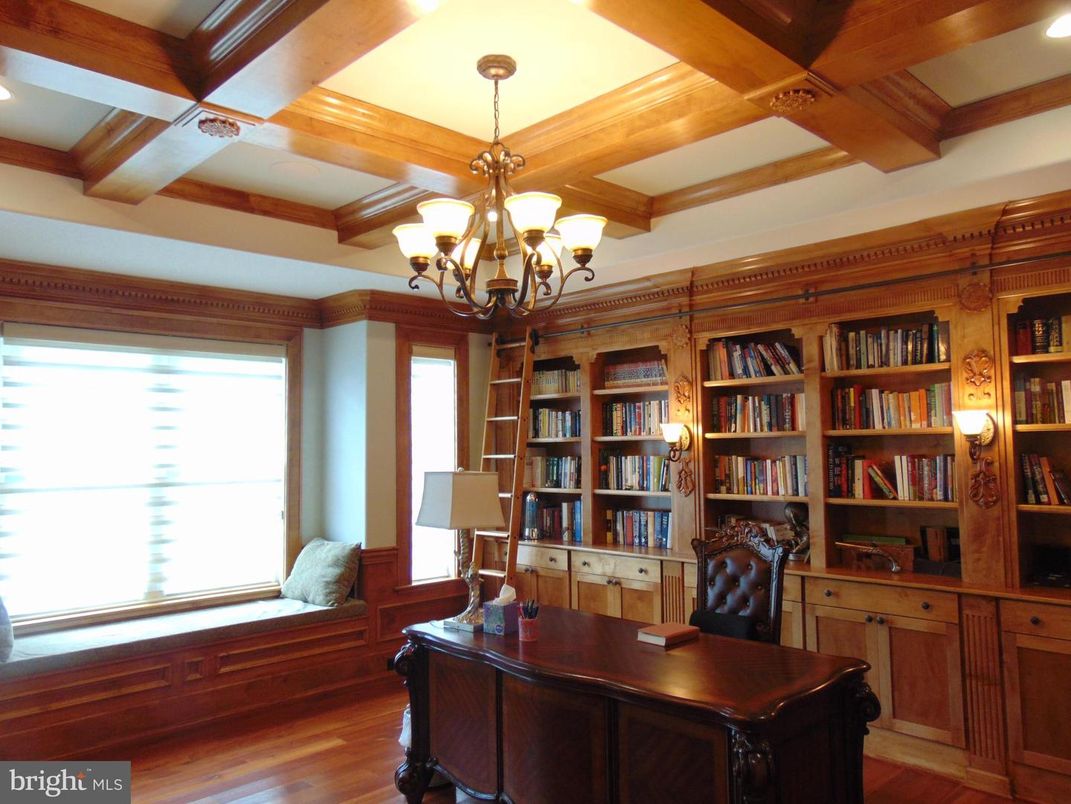 Chandelier, Home Office, Interior, Wooden Beams, Wood Texture Flooring