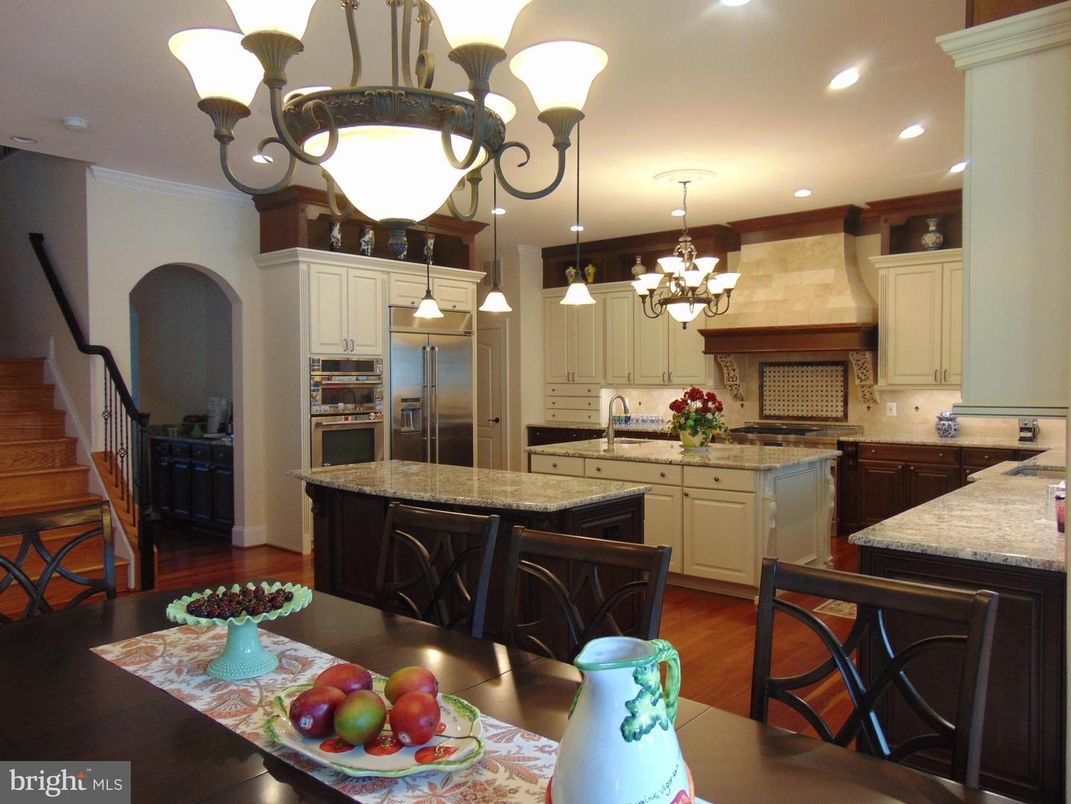 Chandelier, Interior, Kitchen, Recessed Lighting, Stainless Steel Appliances, Wood Texture Flooring