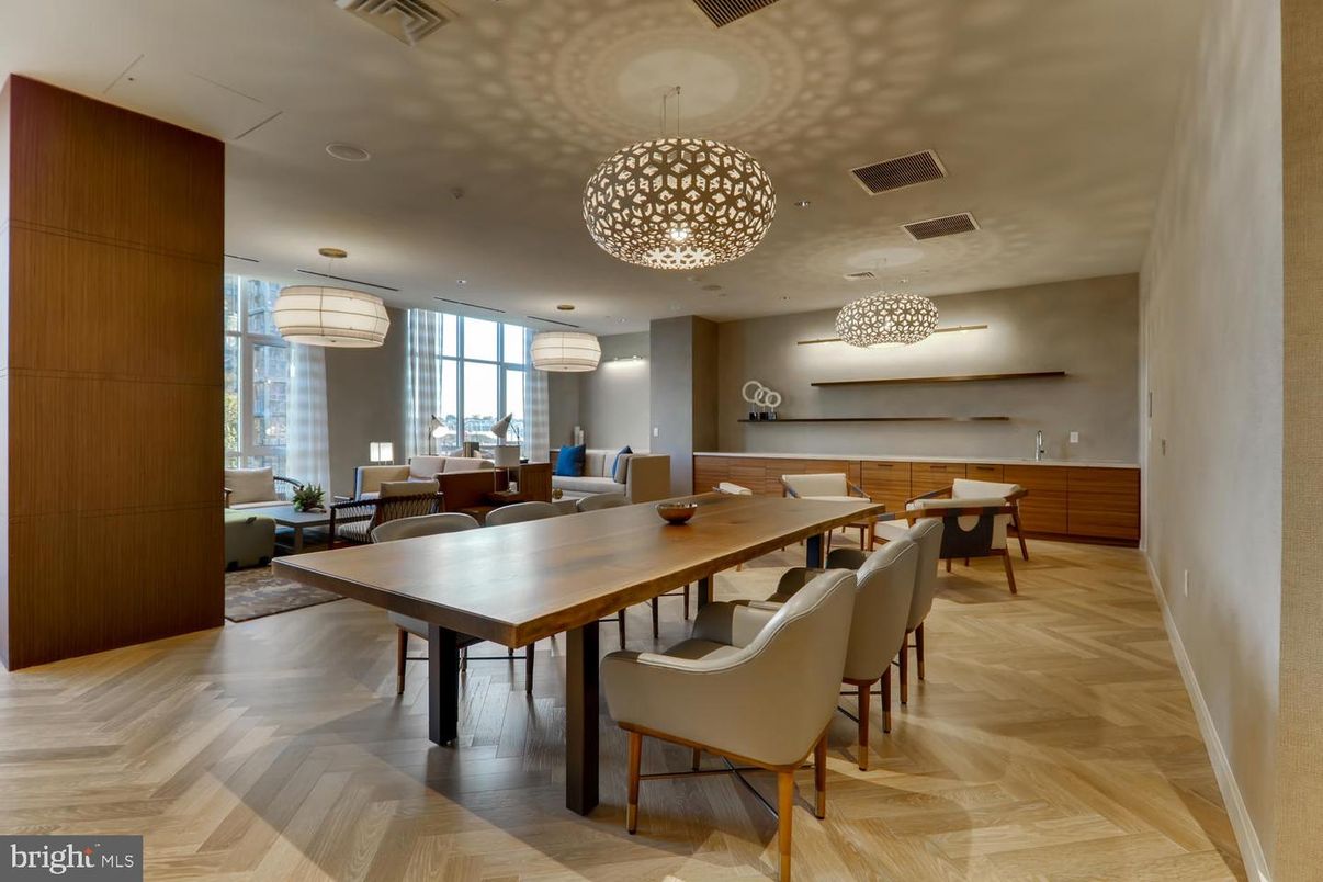 Dining room, Interior, Pendant Lights, Recessed Lighting, Wood Texture Flooring