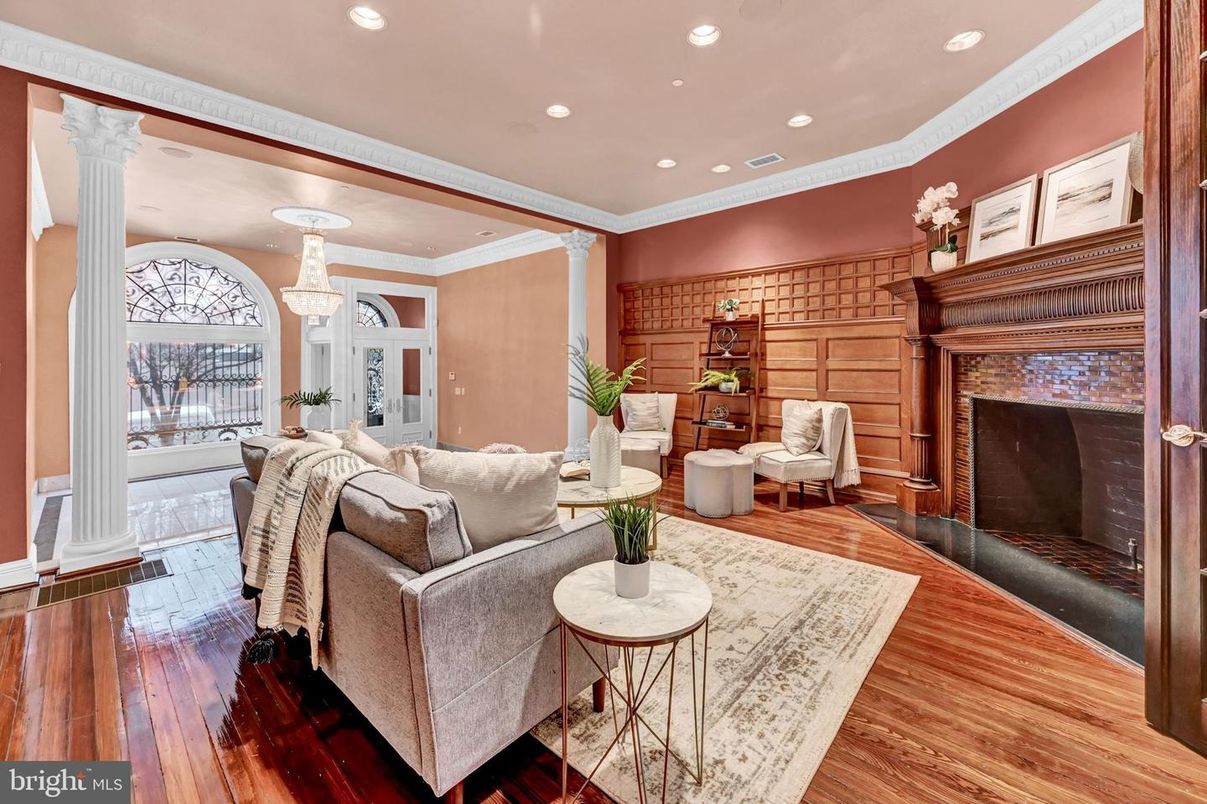 Chandelier, Fireplace, Interior, Living room, Recessed Lighting, Wood Texture Flooring