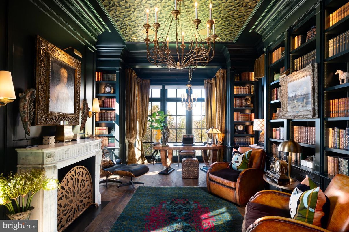 Chandelier, Fireplace, Home Office, Interior, Wood Texture Flooring