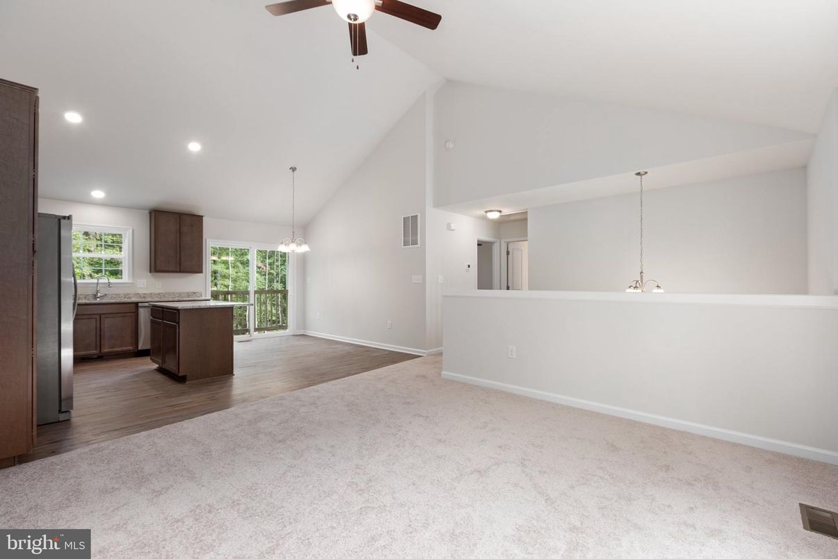 Empty room, Interior, Kitchen, Pendant Lights, Recessed Lighting, Wood Texture Flooring