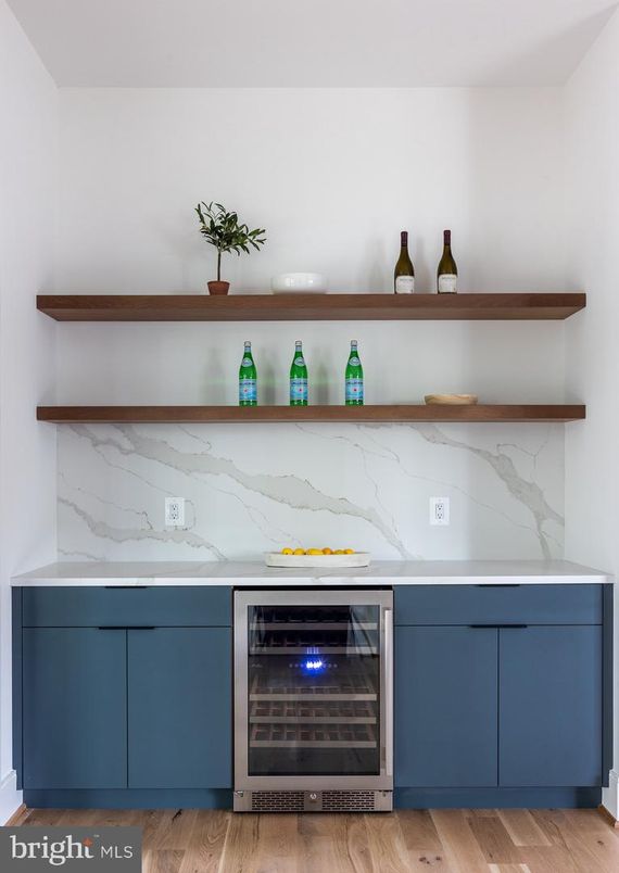 Interior, Kitchen, Marble Walls, Stainless Steel Appliances, Wood Texture Flooring