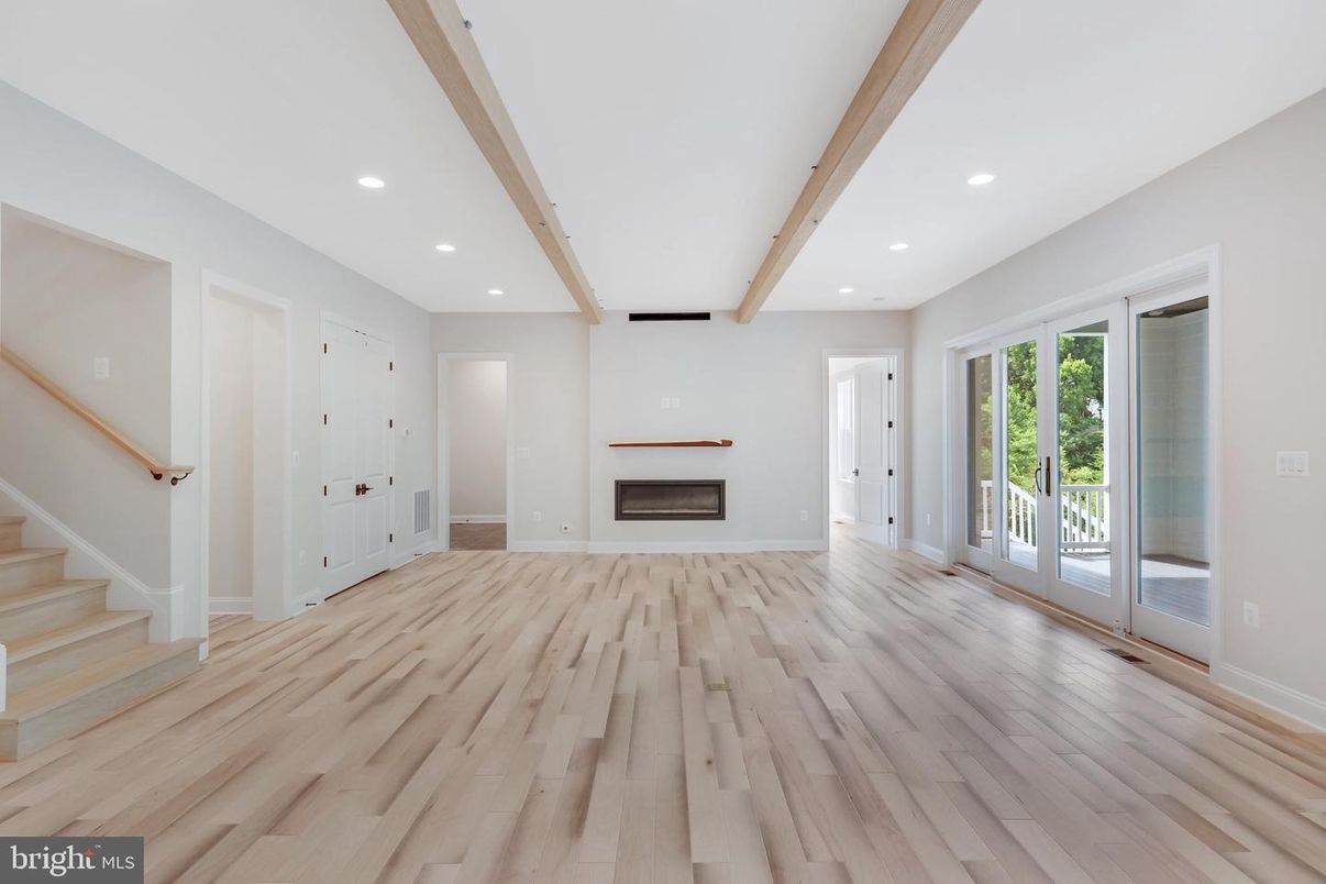 Empty room, Fireplace, Interior, Recessed Lighting, Wooden Beams, Wood Texture Flooring