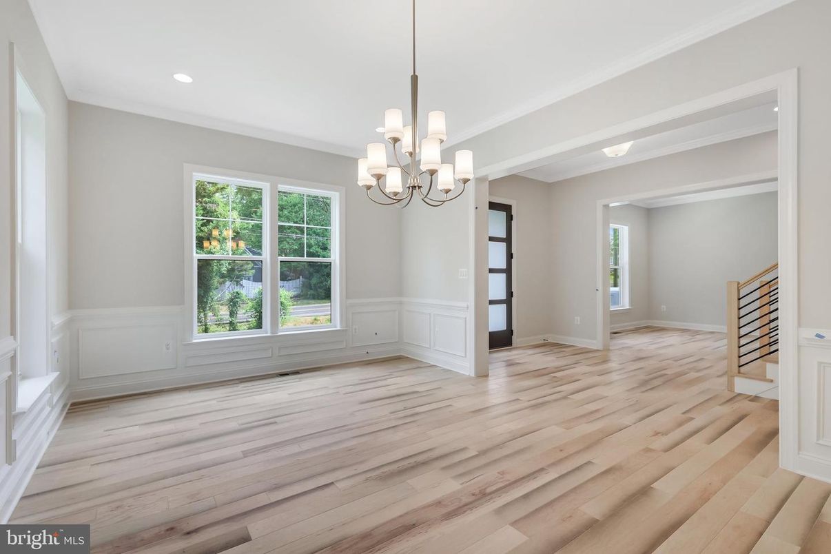 Chandelier, Empty room, Interior, Recessed Lighting, Wood Texture Flooring