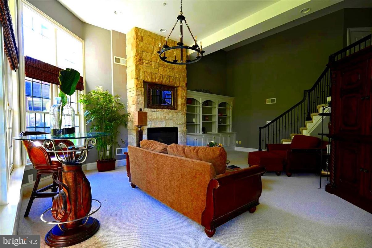 Fireplace, Interior, Living room, Pendant Lights, Recessed Lighting, Stone Walls