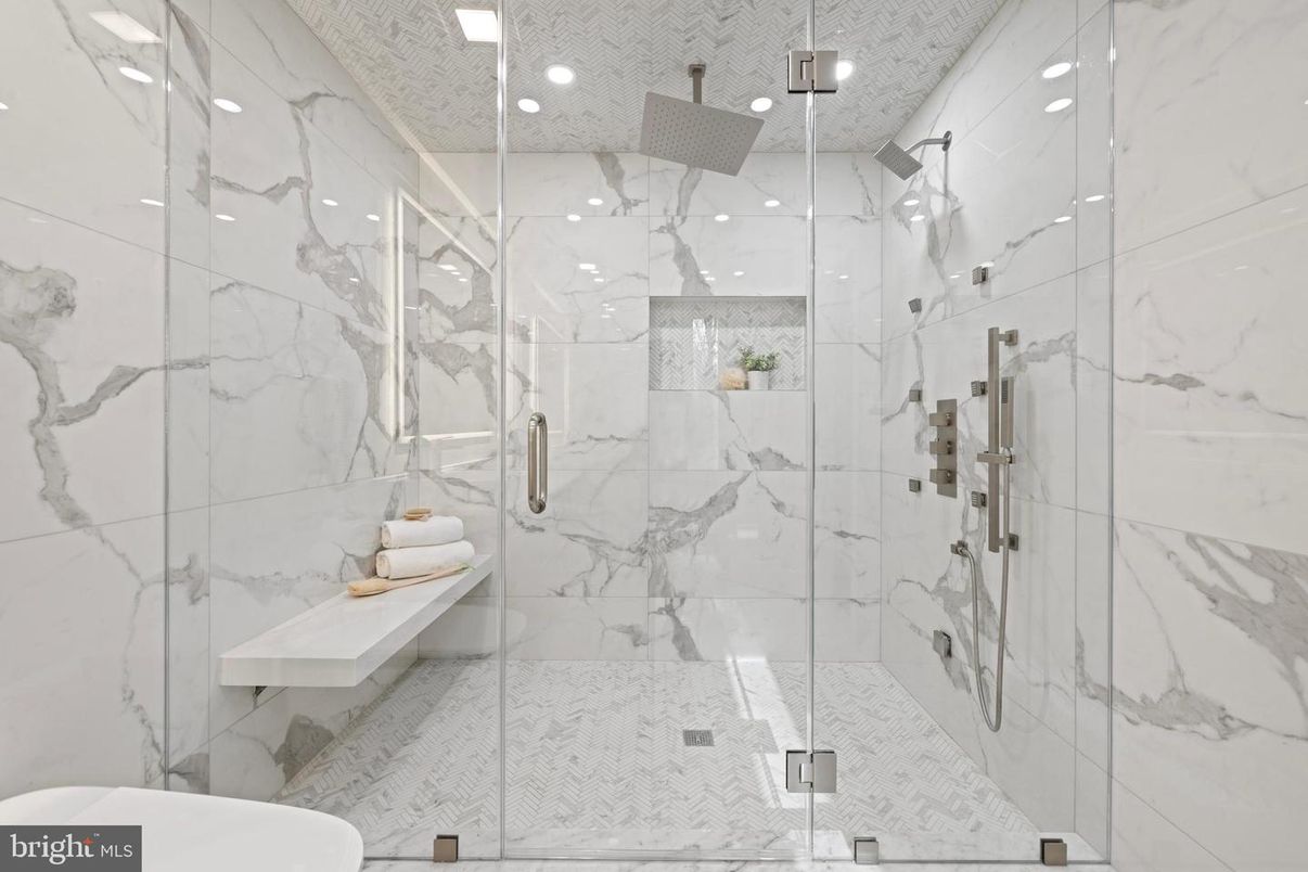 Bathroom, Glass Shower, Interior, Marble Walls, Recessed Lighting