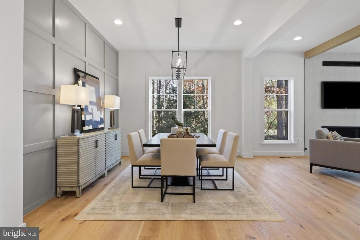 Dining room, Interior, Pendant Lights, Recessed Lighting, Wood Texture Flooring