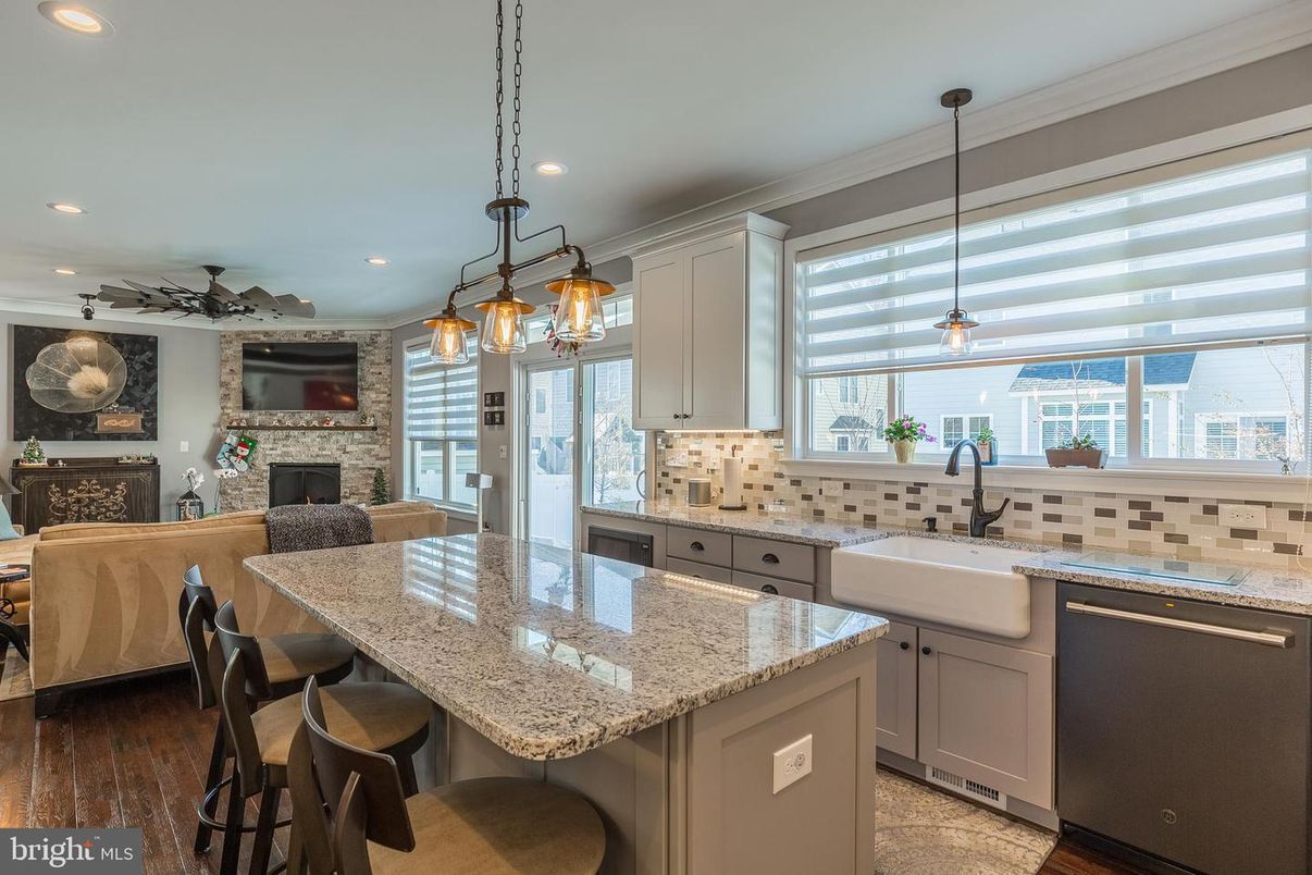 Dining room, Fireplace, Interior, Kitchen, Pendant Lights, Recessed Lighting, Wood Texture Flooring
