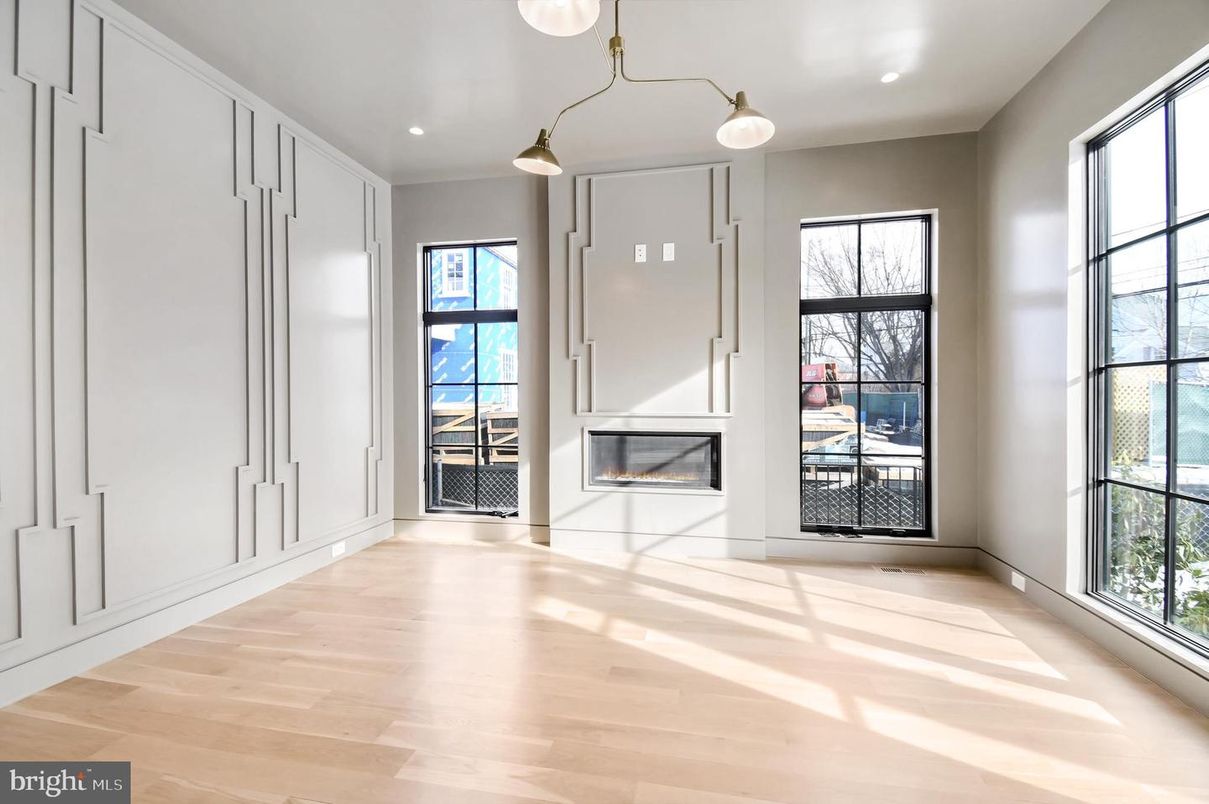 Empty room, Fireplace, Interior, Pendant Lights, Recessed Lighting, Wood Texture Flooring