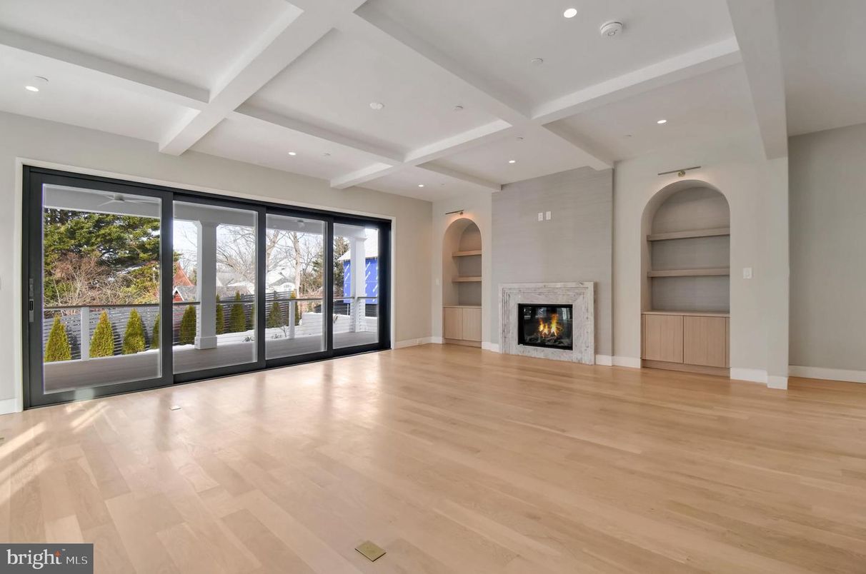 Empty room, Fireplace, Interior, Recessed Lighting, Wood Texture Flooring