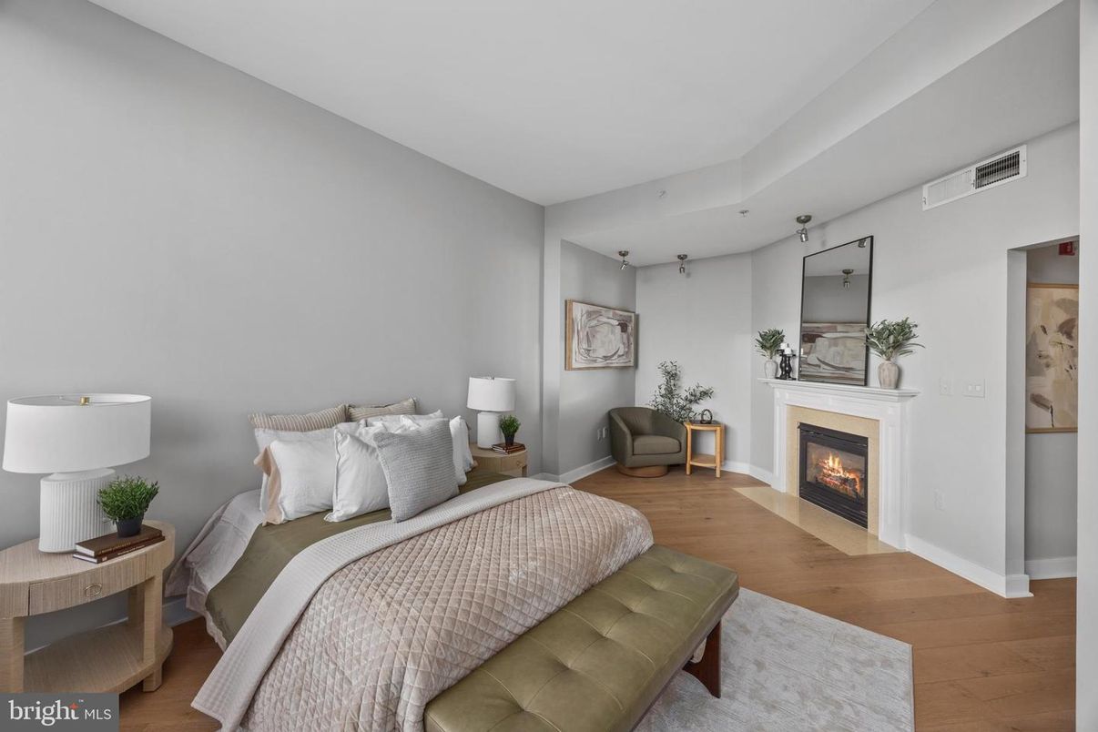 Bedroom, Fireplace, Interior, Wood Texture Flooring