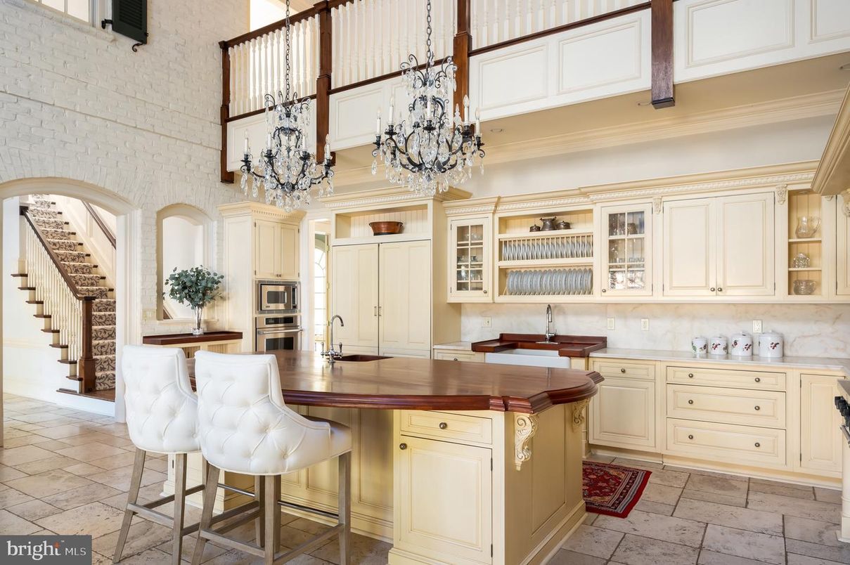 Chandelier, Interior, Kitchen, Stainless Steel Appliances, Stone Walls