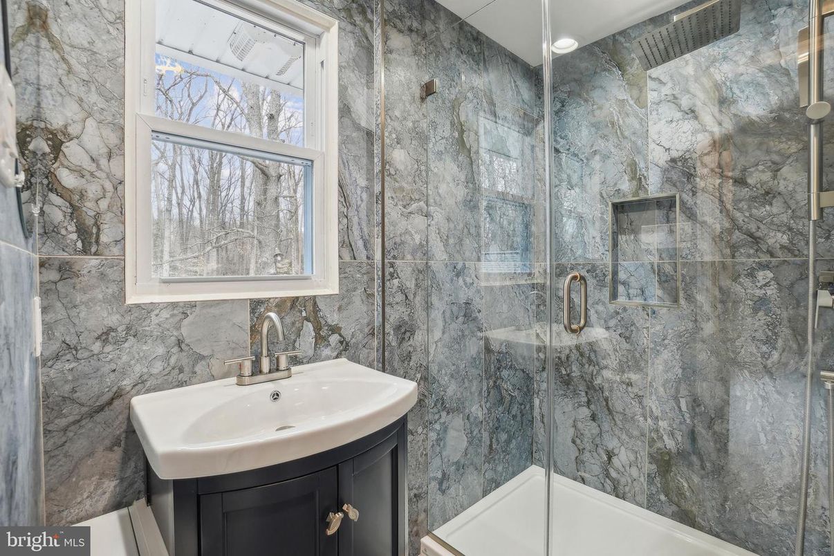 Bathroom, Glass Shower, Interior, Marble Walls, Recessed Lighting