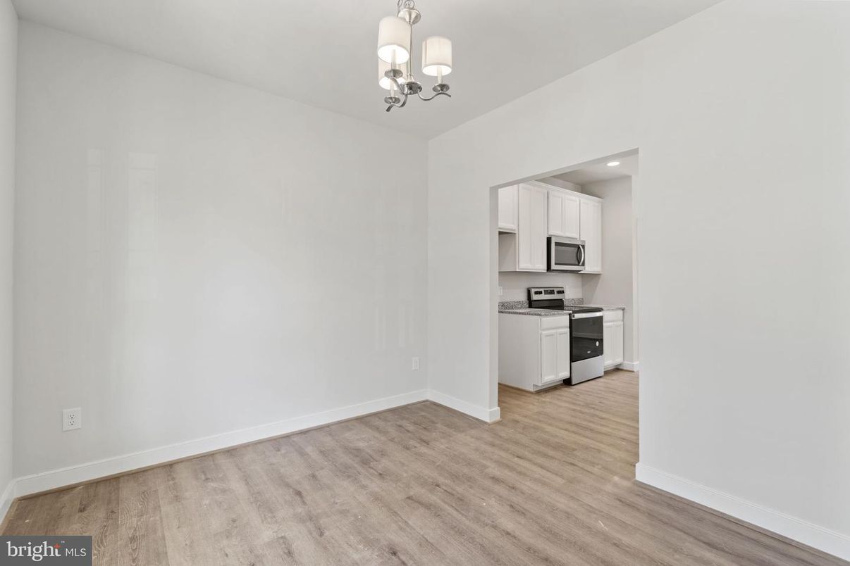 Chandelier, Empty room, Interior, Kitchen, Recessed Lighting, Wood Texture Flooring