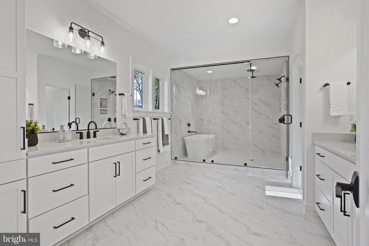 Bathroom, Dual Sink Vanities, Free Standing Baths, Glass Shower, Interior, Marble, Marble Walls, Recessed Lighting