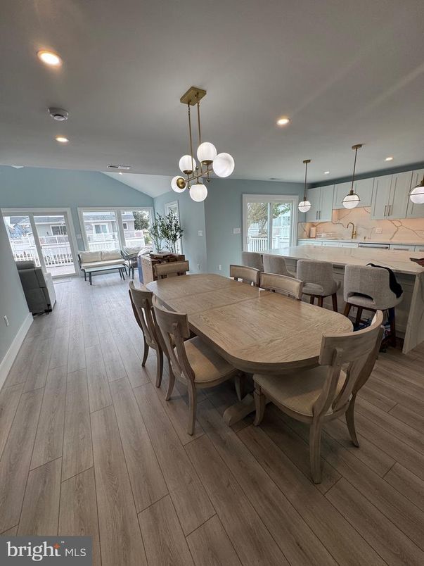 Dining room, Interior, Pendant Lights, Recessed Lighting, Wood Texture Flooring