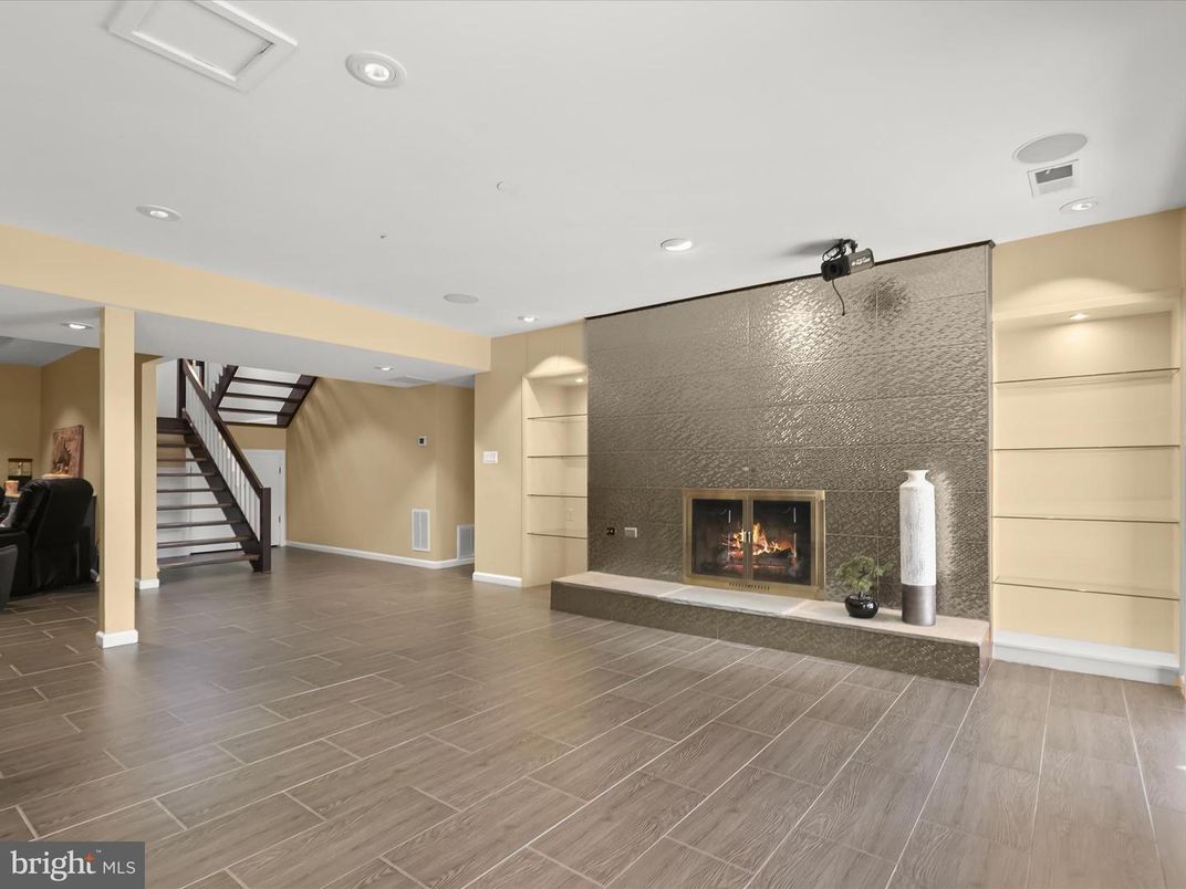 Fireplace, Interior, Recessed Lighting, Wood Texture Flooring