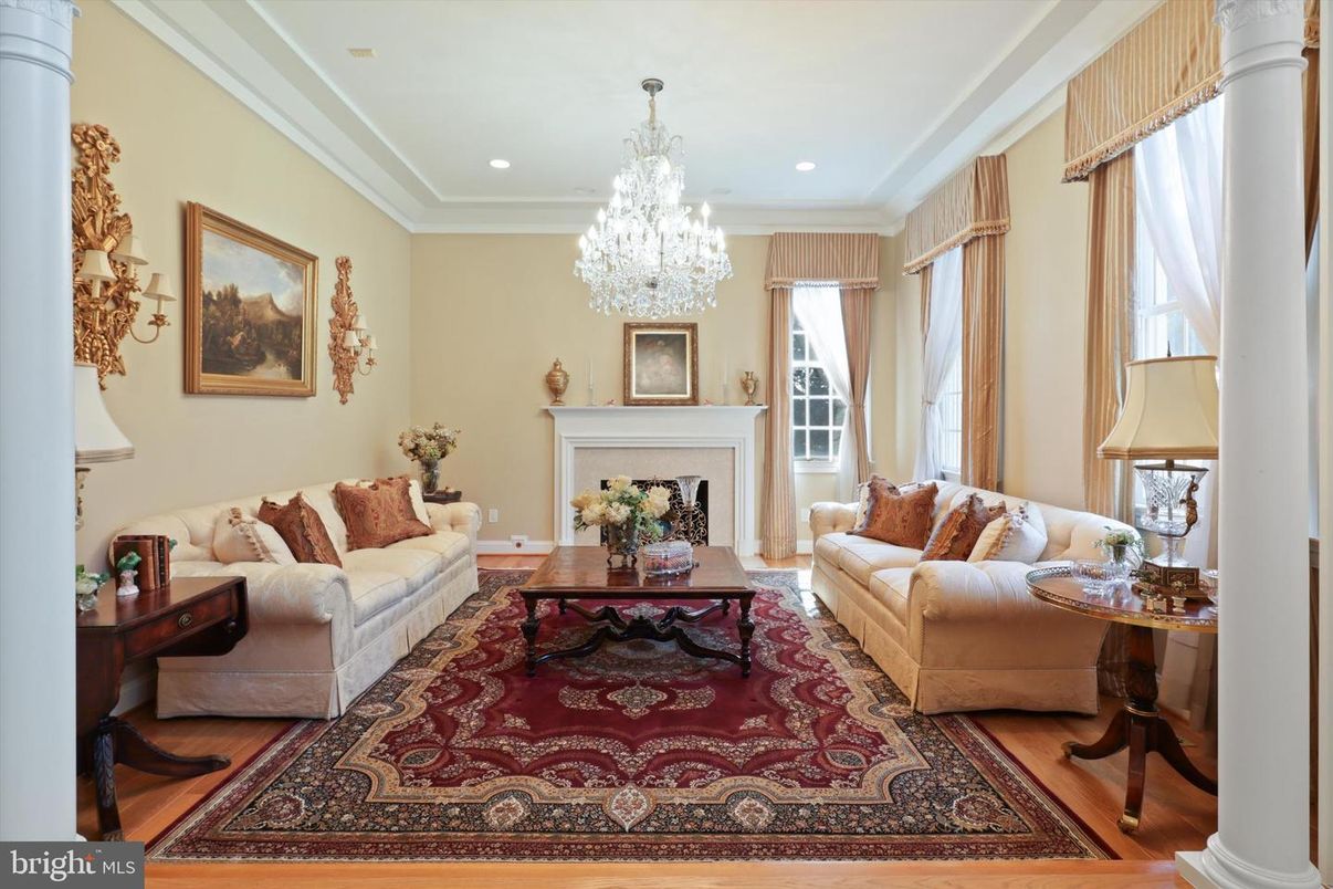 Chandelier, Fireplace, Interior, Living room, Recessed Lighting, Wood Texture Flooring