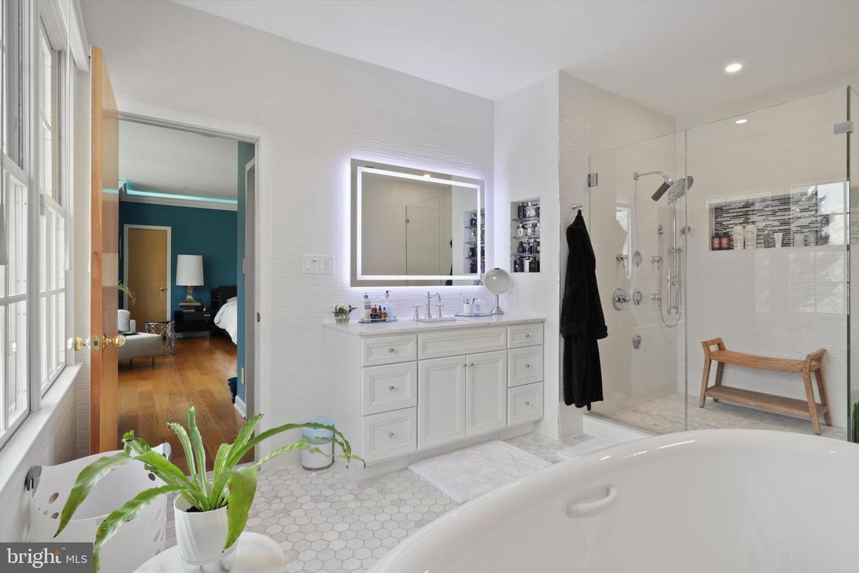 Bathroom, Glass Shower, Interior, Recessed Lighting, Wood Texture Flooring