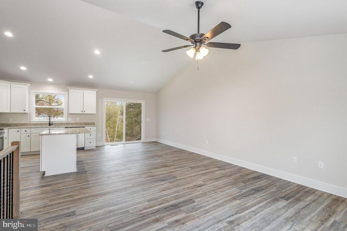 Empty room, Interior, Kitchen, Recessed Lighting, Wood Texture Flooring