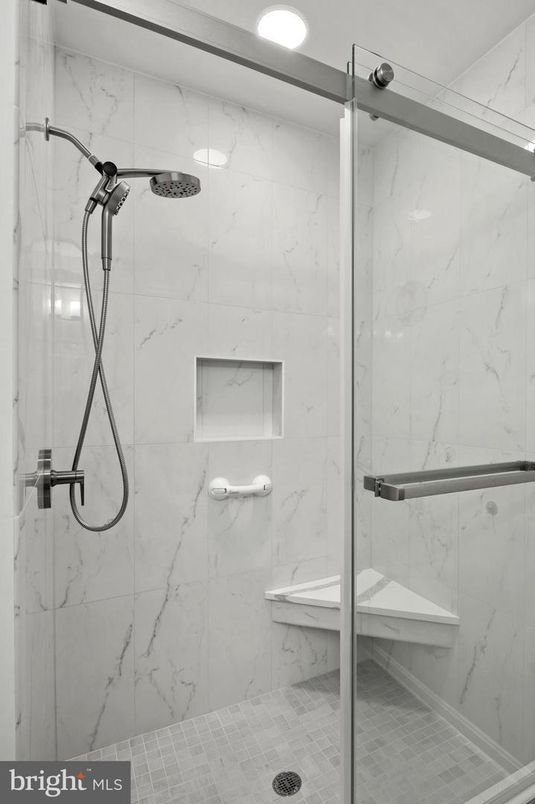 Bathroom, Glass Shower, Interior, Marble Walls, Recessed Lighting