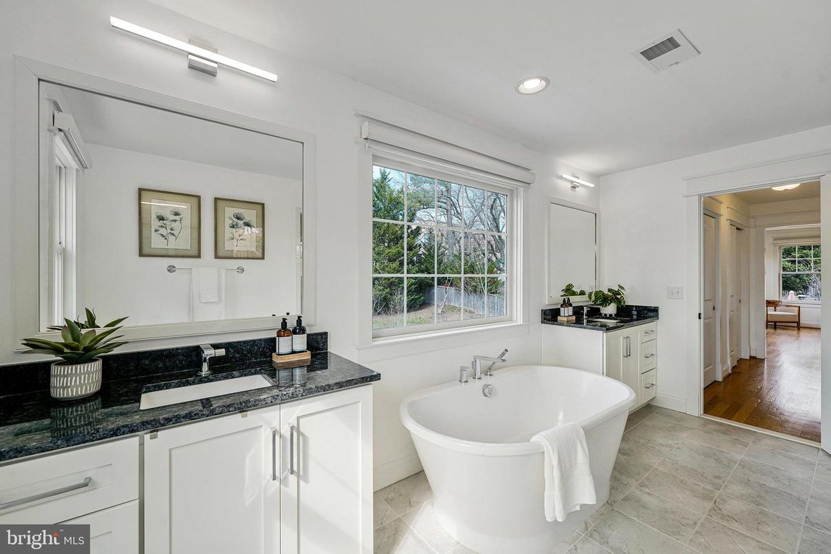 Bathroom, Dual Sink Vanities, Free Standing Baths, Interior, Recessed Lighting, Wood Texture Flooring