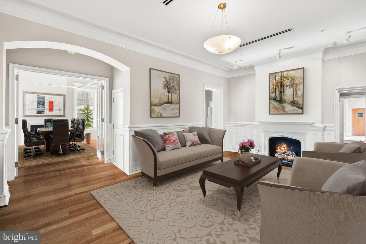 Dining room, Fireplace, Interior, Living room, Pendant Lights, Wood Texture Flooring