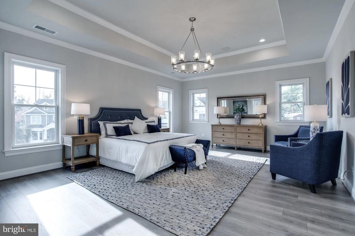 Bedroom, Chandelier, Interior, Recessed Lighting, Wood Texture Flooring