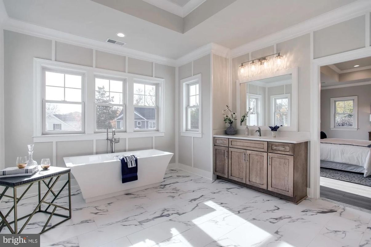Bathroom, Bedroom, Dual Sink Vanities, Free Standing Baths, Interior, Marble, Recessed Lighting