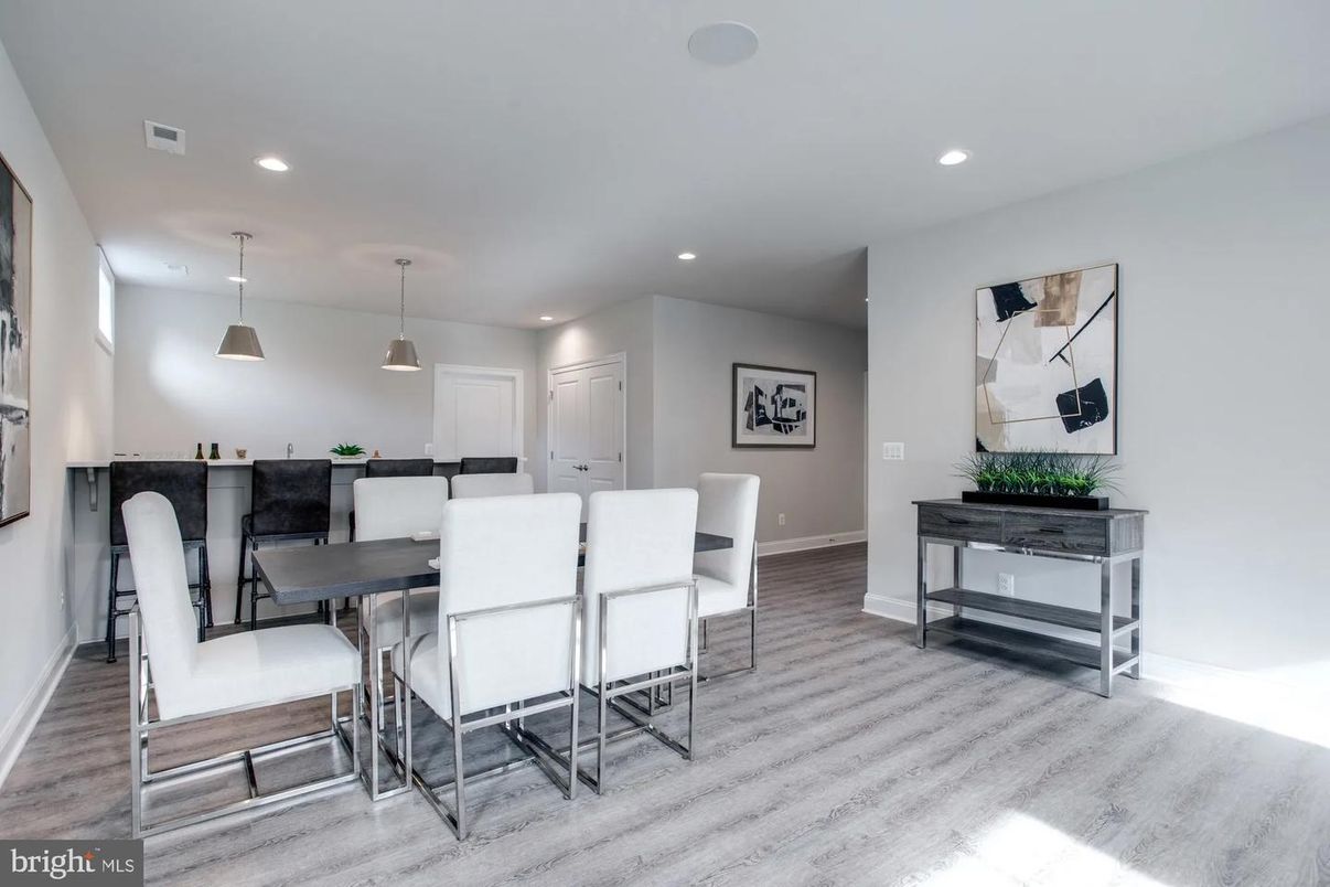 Dining room, Interior, Pendant Lights, Recessed Lighting, Wood Texture Flooring