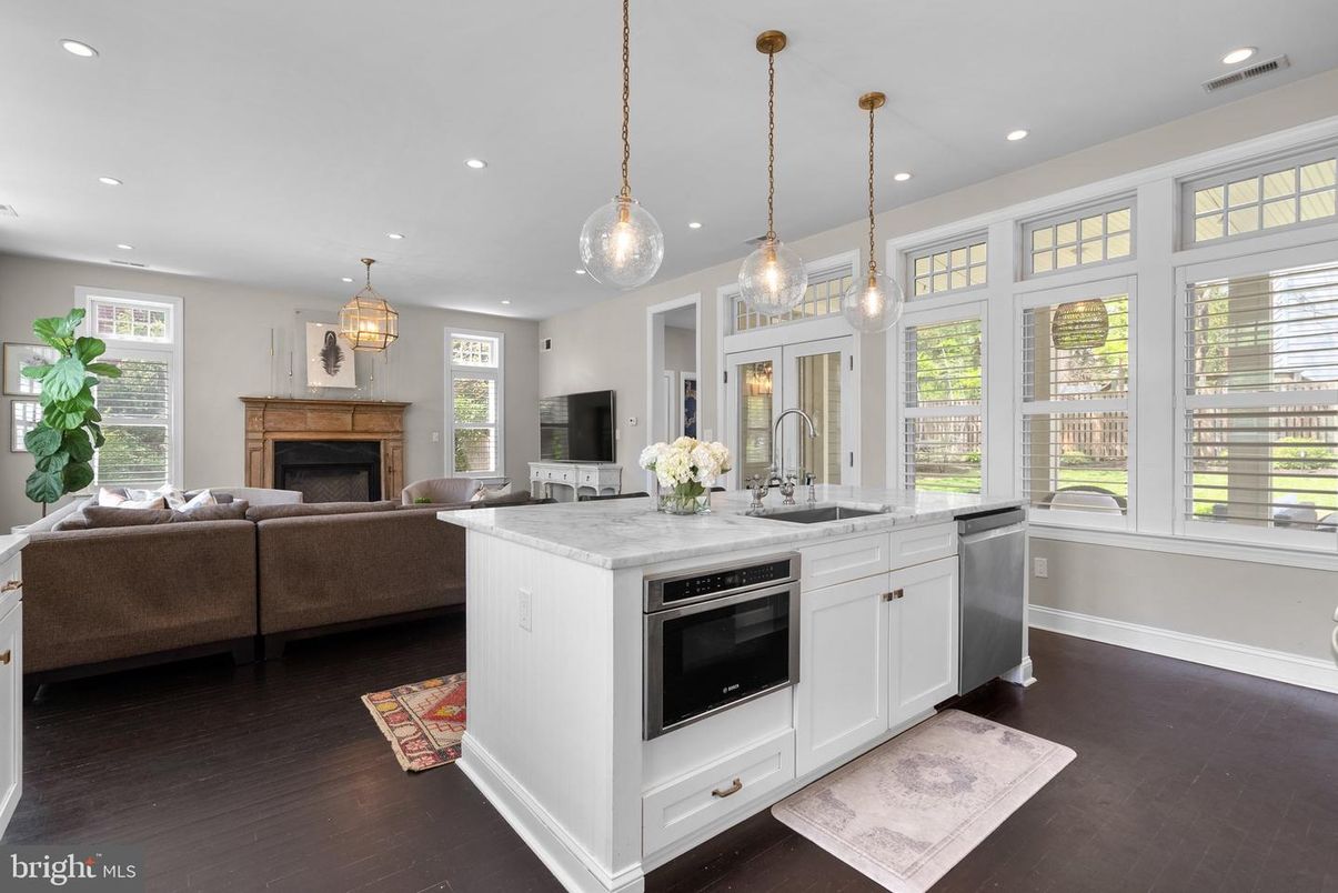 Fireplace, Interior, Kitchen, Living room, Pendant Lights, Recessed Lighting, Stainless Steel Appliances, Wood Texture Flooring