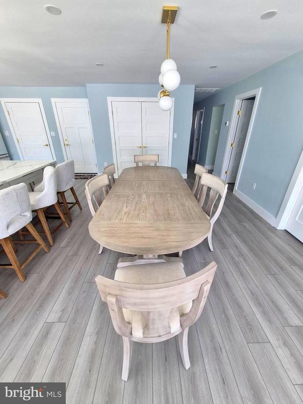 Dining room, Interior, Pendant Lights, Wood Texture Flooring