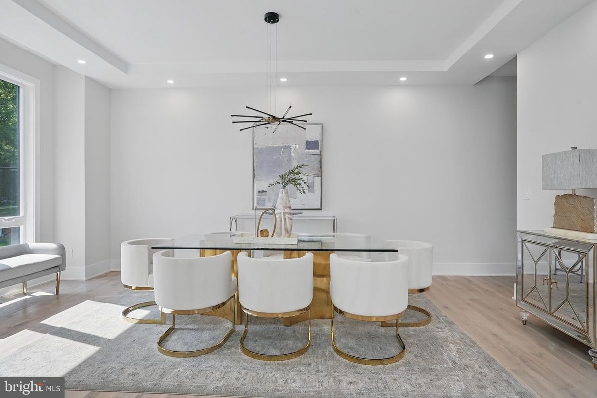 Dining room, Interior, Pendant Lights, Recessed Lighting, Wood Texture Flooring